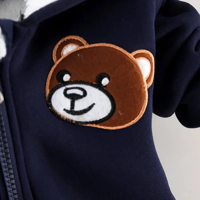 Autumn Winter Kids Boys Clothes Set Thick Fleece Cartoon Bear Hooded Jacket+Pants 2pcs Cotton Warm Sports Suit Outfits 1-5 Years