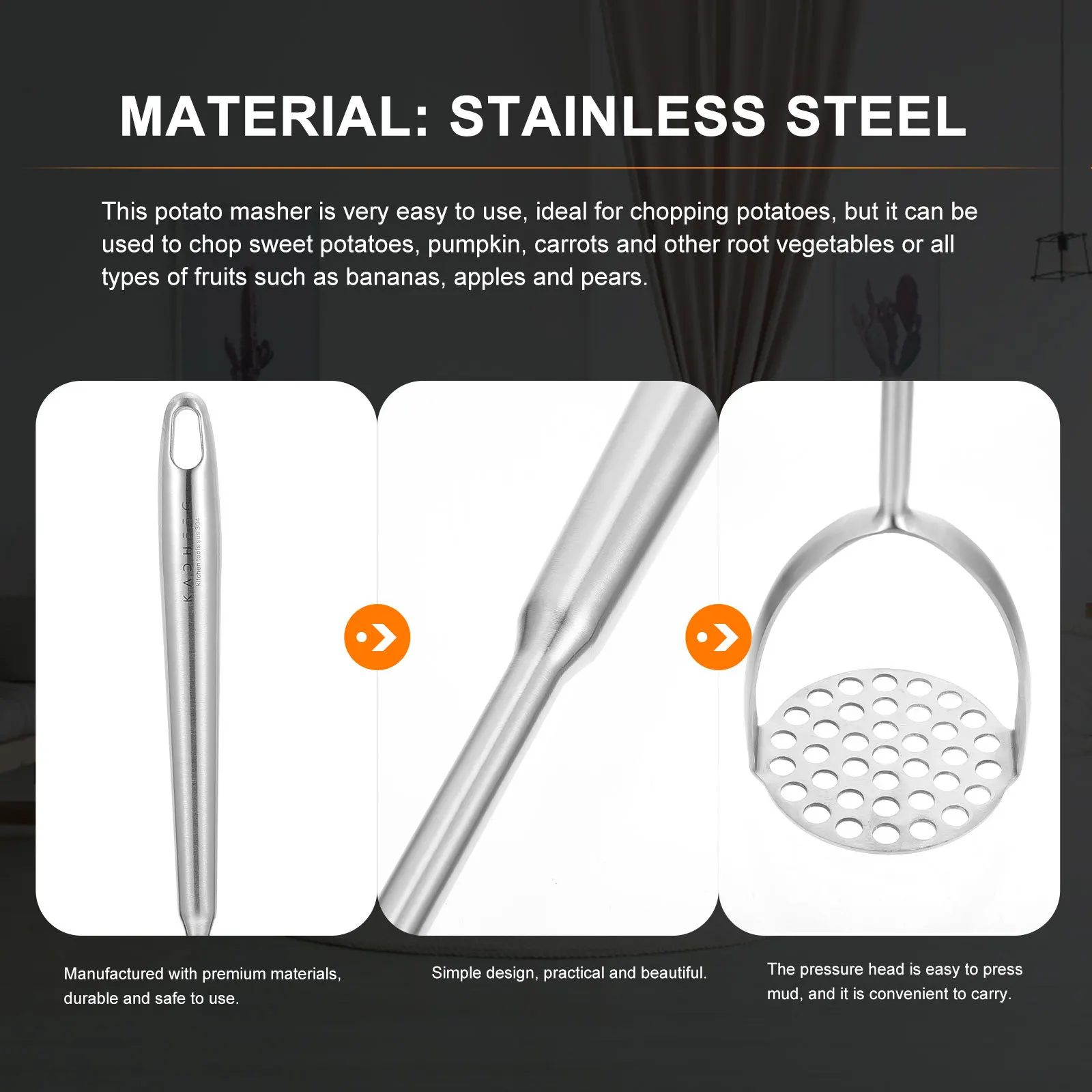 

Stainless Steel Potato Kitchen Tool Household Vegetable Masher Anti-Corrosion Wear-Resistant Manual Pumpkin Masher