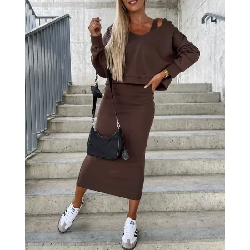 Autumn Winter Women Two Piece Set Elegant Tracksuit Outfits Long Sleeve Hoodies Top High Waist Slim Bodycon Long Skirt Suit