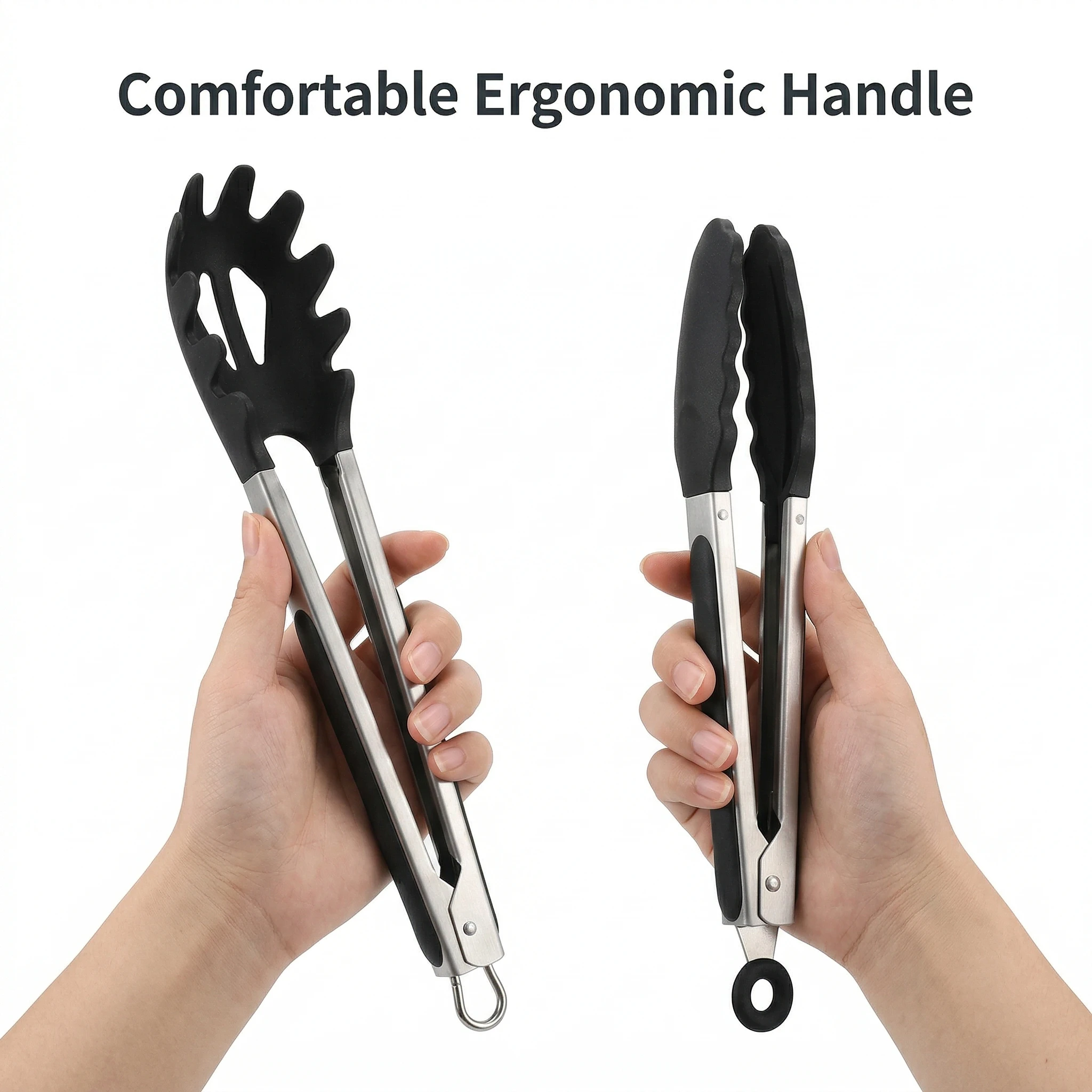 Juego de 2 pinzas para pasta y alimentos, 33 cm y 25,5 cm de longitud, cabezas onduladas y paralelas, mango ergonómico, para cocinar, asar a la parrilla y hornear
