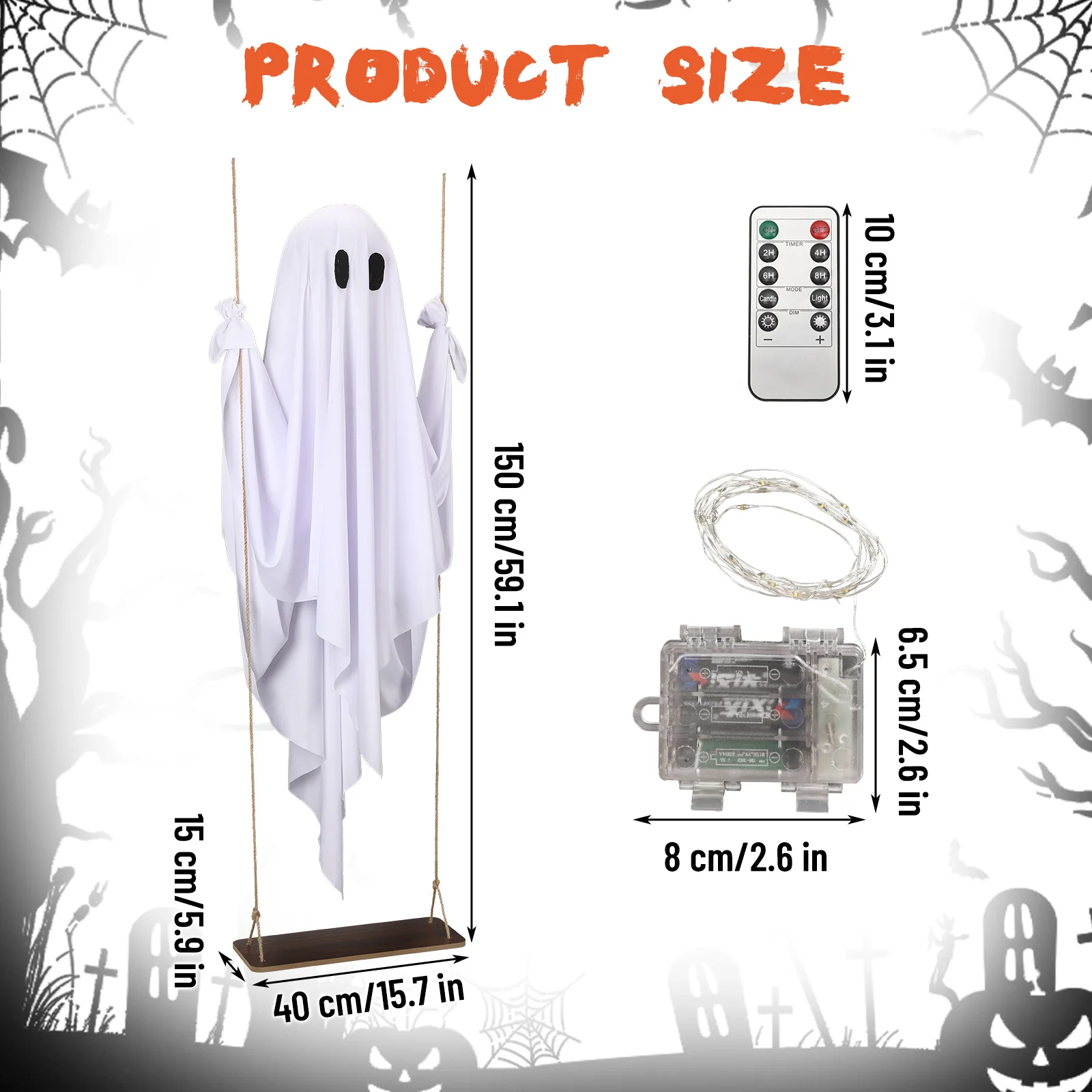 ハロウィン屋外装飾 5フィート 大型吊り下げゴーストスイング リモコン付きストリングライト 怖いゴースト ハロウィンパーティーデコレーション