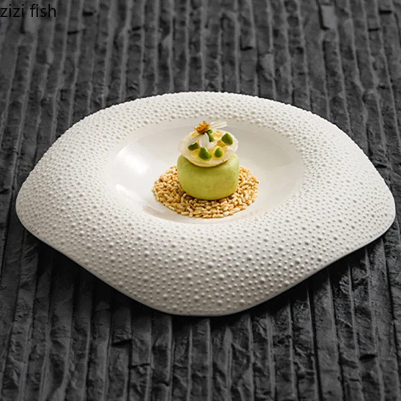 White Bead Dot Porcelain Plate Restaurant Dessert Snack Plate Pasta Dish Sashimi Dish Serving Plate Molecular Cuisine Tableware