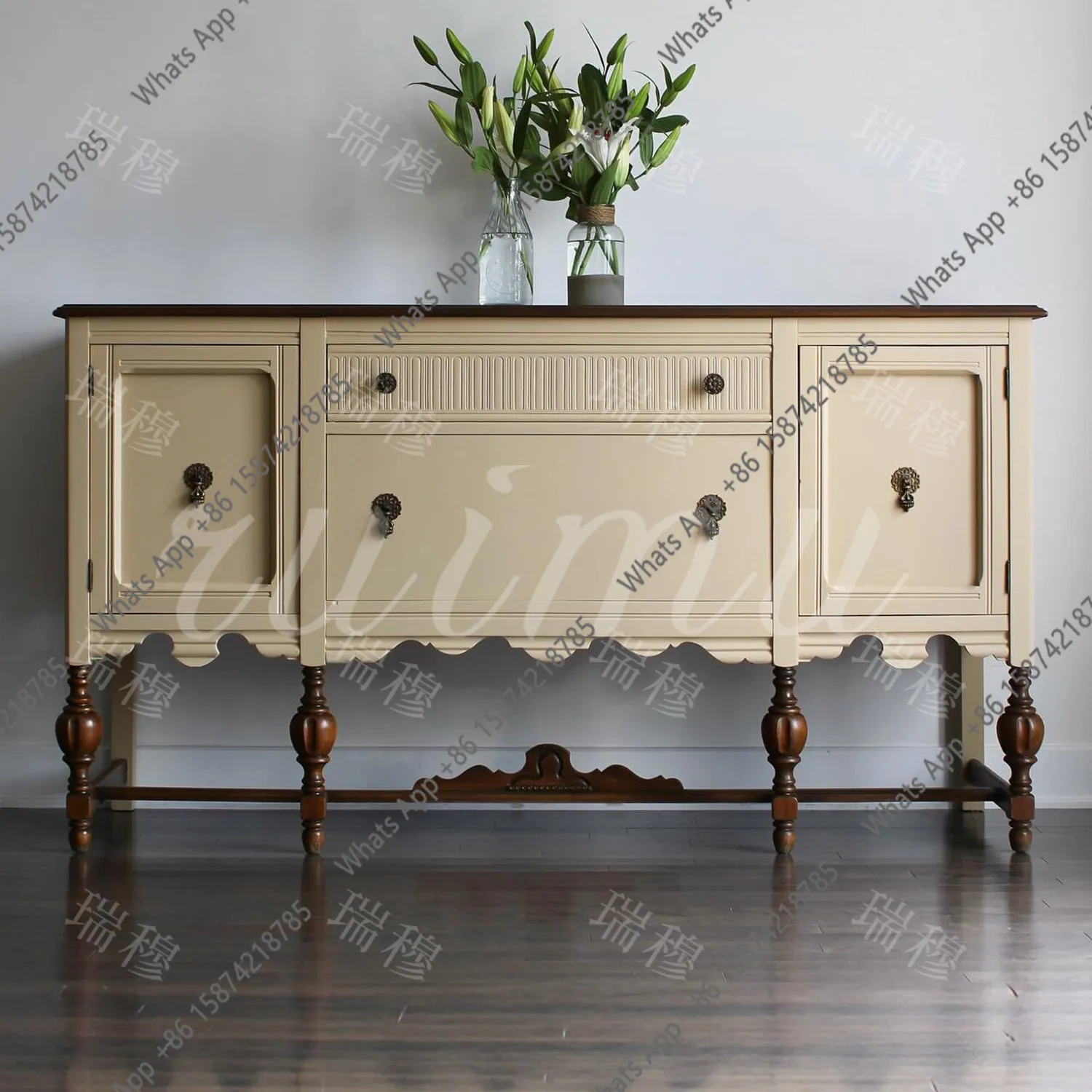 French ivory white color-blocking entrance cabinet American retro carved partition cabinet home decoration