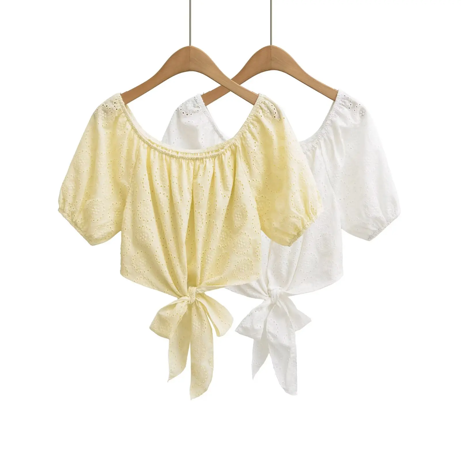 Holiday Embroidery Hollow Out Hole Elastic Slash Shoulder Short Lantern Sleeve Tank Top Summer Women Tie Bow Hem Crop Tops