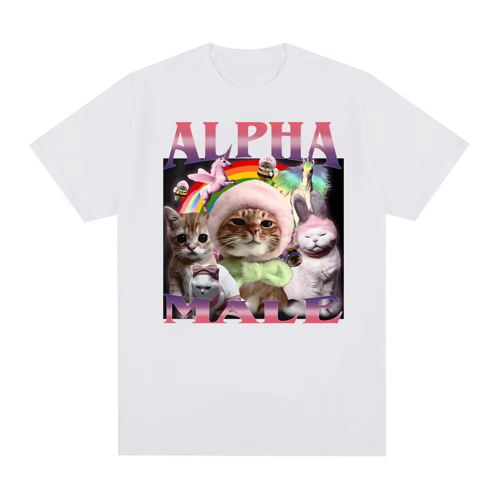 Alpha Male Vintage 90s Print Funny Cat Meme T-shirts Men Clothing Fashion Humor Short Sleeve T Shirts Pure Cotton Casual T-shirt