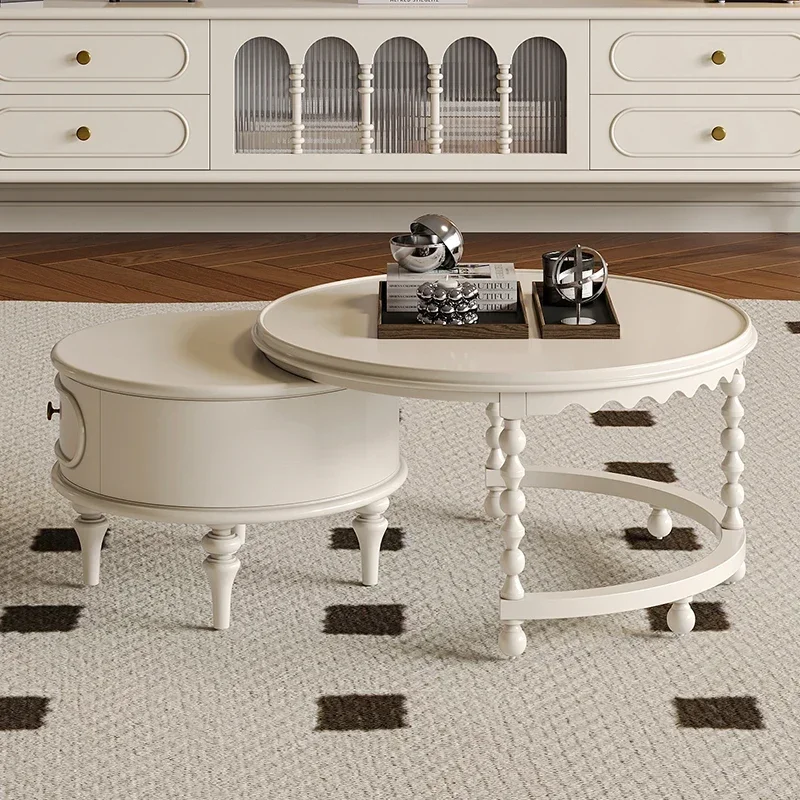 

French Solid Wood Coffee Table Cream Wind 2025 New Round Table Set Designer American Retro