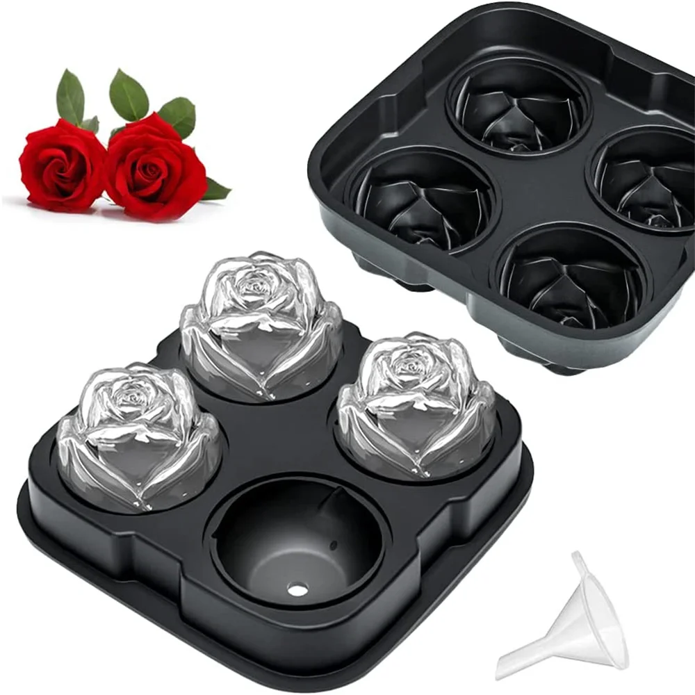 Silicone Rose Ice Cube Mold 3D Flower Shape Ice Cube Tray with Lid Ice Ball Maker for Cocktails Juice Whiskey Kitchen Gadget