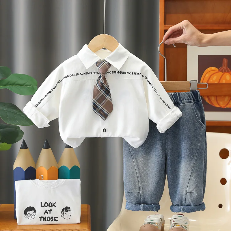 Baby Boy Clothes 2026 Spring New Toddler Boys 3pcs Set Letter Print Shirt Tie Graphic T-shirt Jeans Kids Casual Trendy Outfits
