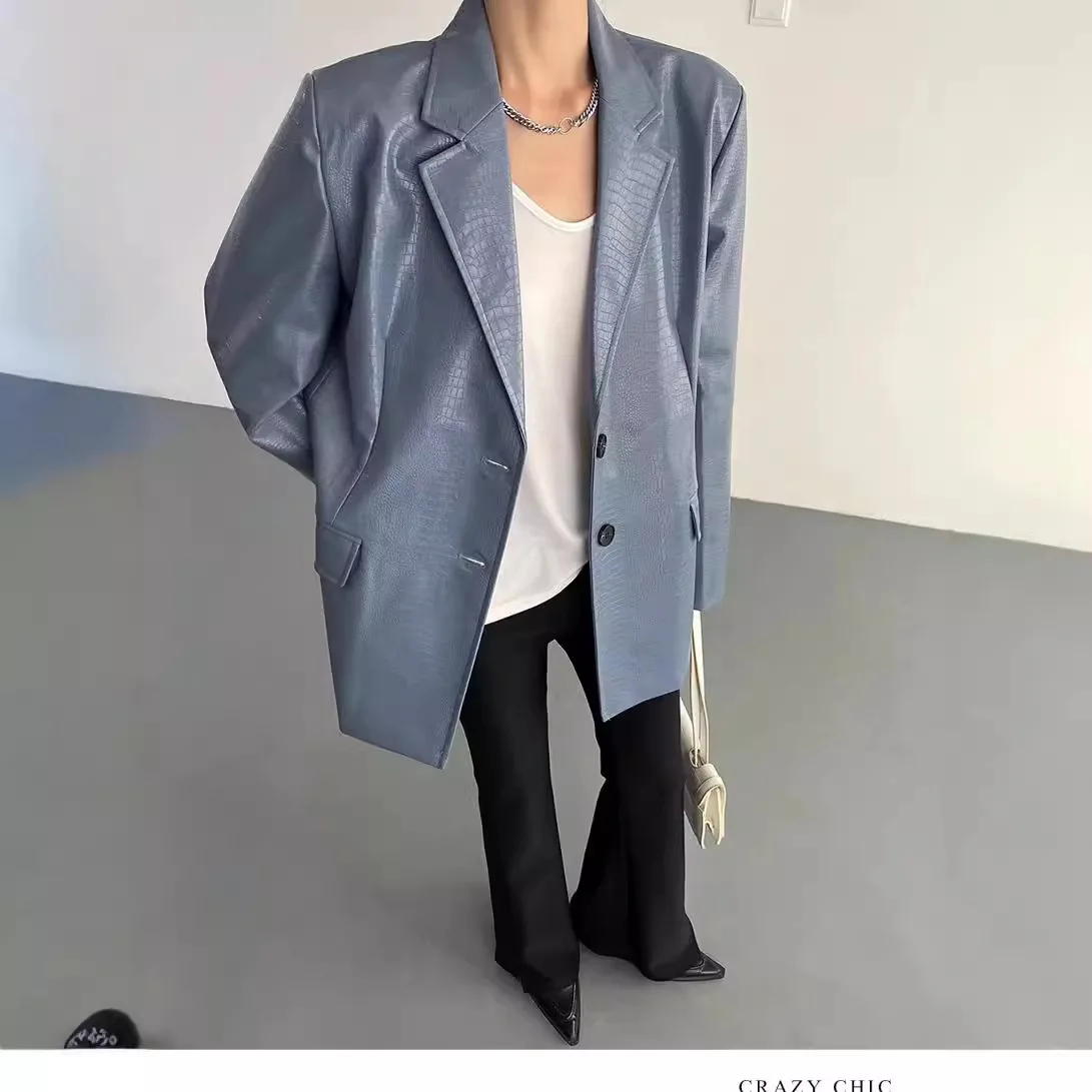 2026 Faux PU Leather Jacket Women Solid Coat Pocket Turn Down Collar Long Sleeve Single Breasted Loose Casual Office Lady Autumn