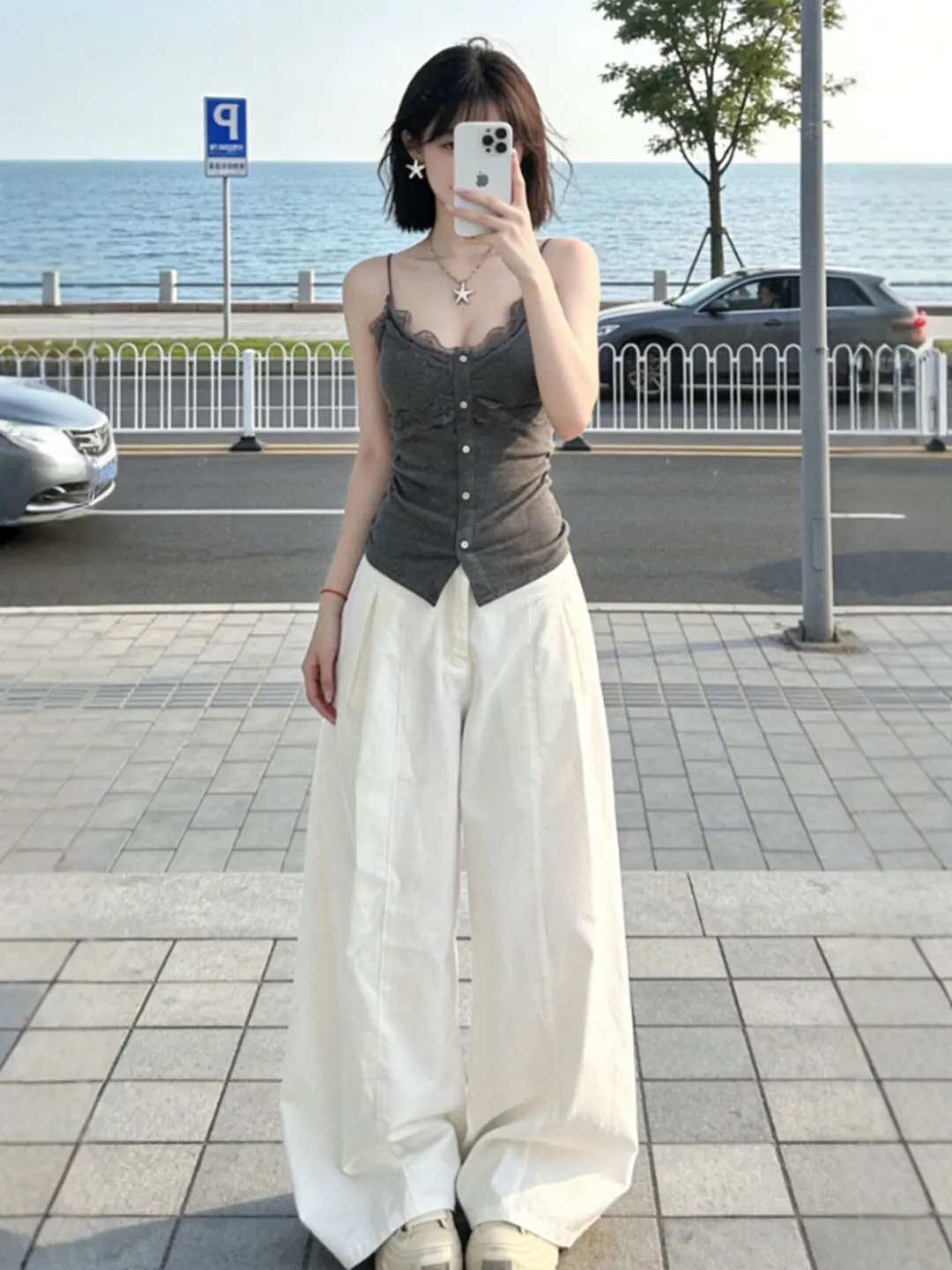 

Summer Gentle Style Two-Piece Set Casual Pants Strap Top Comfortable Cotton V-Neck Button Closure Universal Fit for Dating