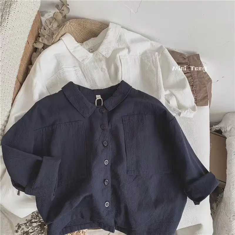 Spring and Autumn Boys\' Shirt Japanese Style Retro Long Sleeve Polo Collar Cotton Linen Shirt Children\'s Baby Top Outer Coat