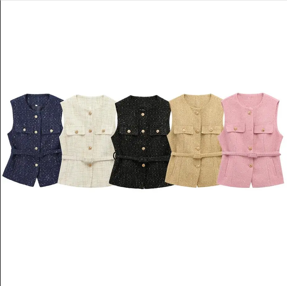 

Women's Tweed Waistcoat with Belt O Neck Sleeveless Front Button Vest Jackets Women's Female Outerwear Chic Tops Fashion Coat