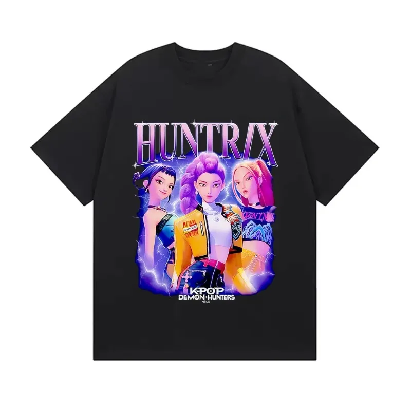 Huntrix Kpop شيطان الصيادين فيلم 2025 الرسومات تي شيرت الرجال النساء جودة عالية موضة المتضخم القطن تي شيرت Harajuku القمم