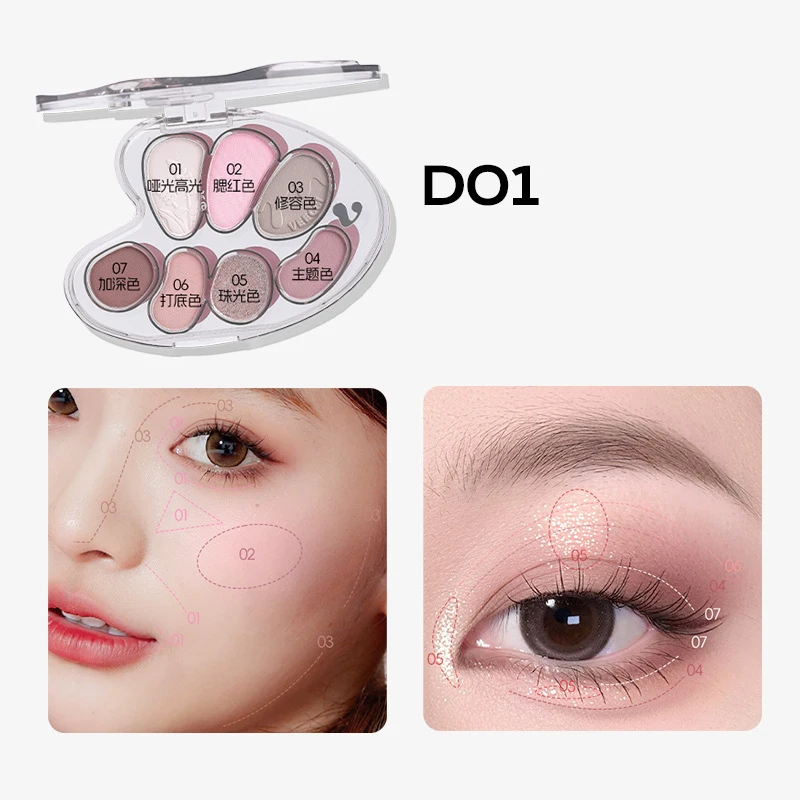 VEECCI Paleta de sombras de 7 cores, blush, destaque, tudo em um, de longa duração, sem manchas, à prova d'água, fosco, brilho, veludo, maquiagem aquosa