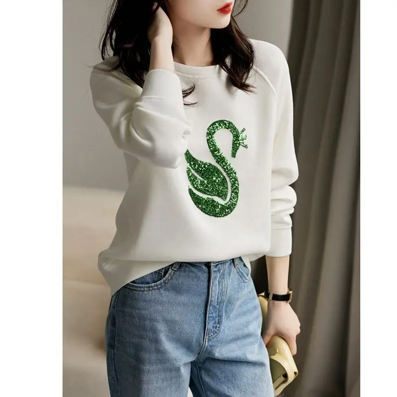 Pullovers Loose Solid Patchwork Embroidery Round Neck Fashion Casual Temperament T-Shirts Autumn Winter Thin Women\'s Clothing