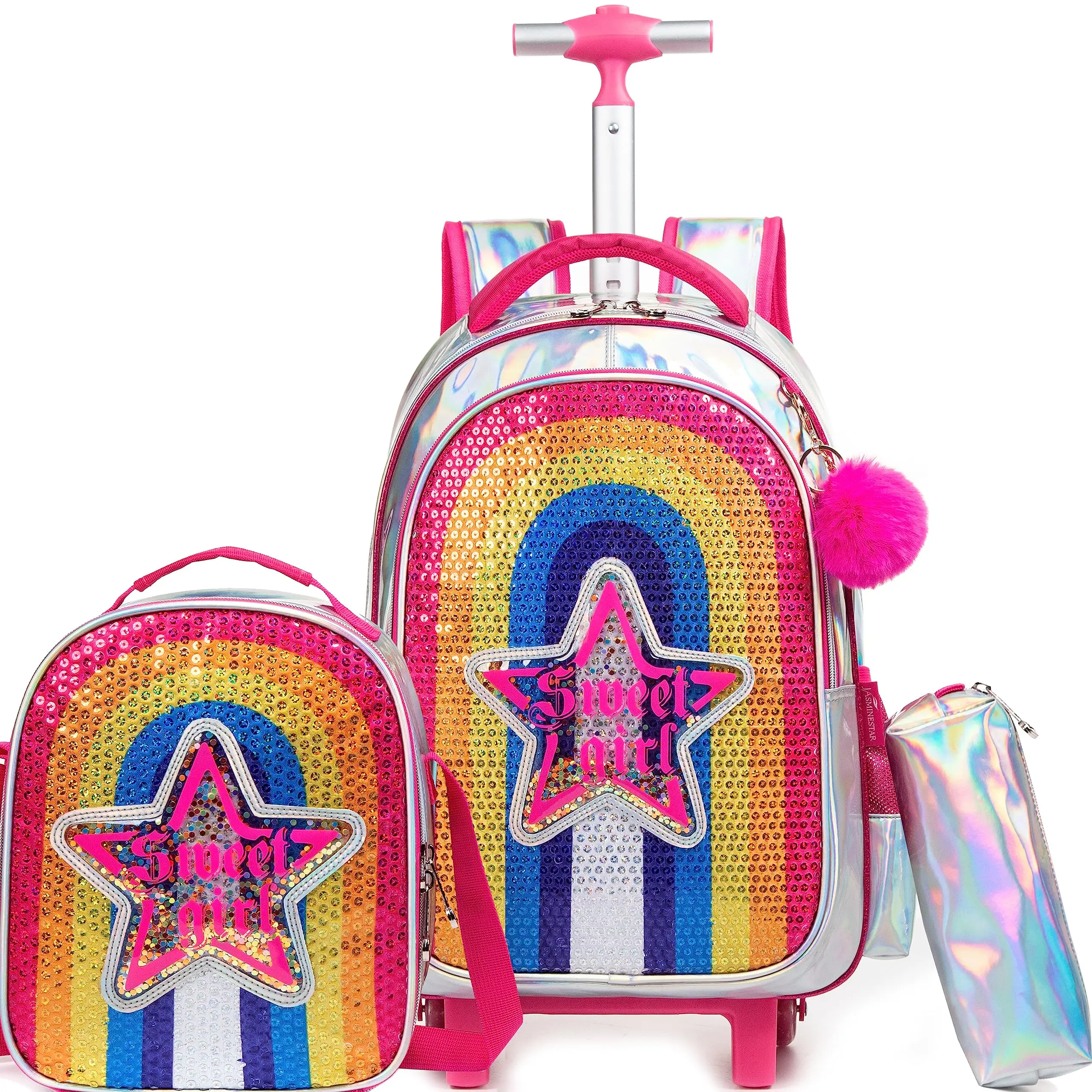 BIKAB Rolling Backpack Sequin Rolling Backpacks with Wheels for Girls Kindergarten Student Kids Travel Suitcase Luggage