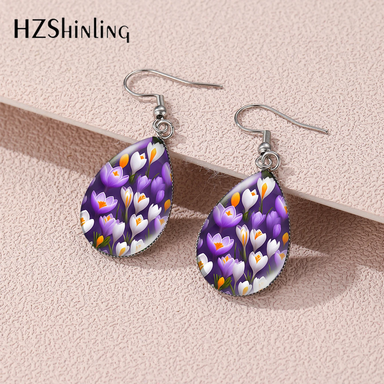 2024 New Fashion Purple Crocus Beautiful Flowers Botanic Tear Drop Fish Hook Earrings Handmade Stainless Steel Jewelry Earrings image 4