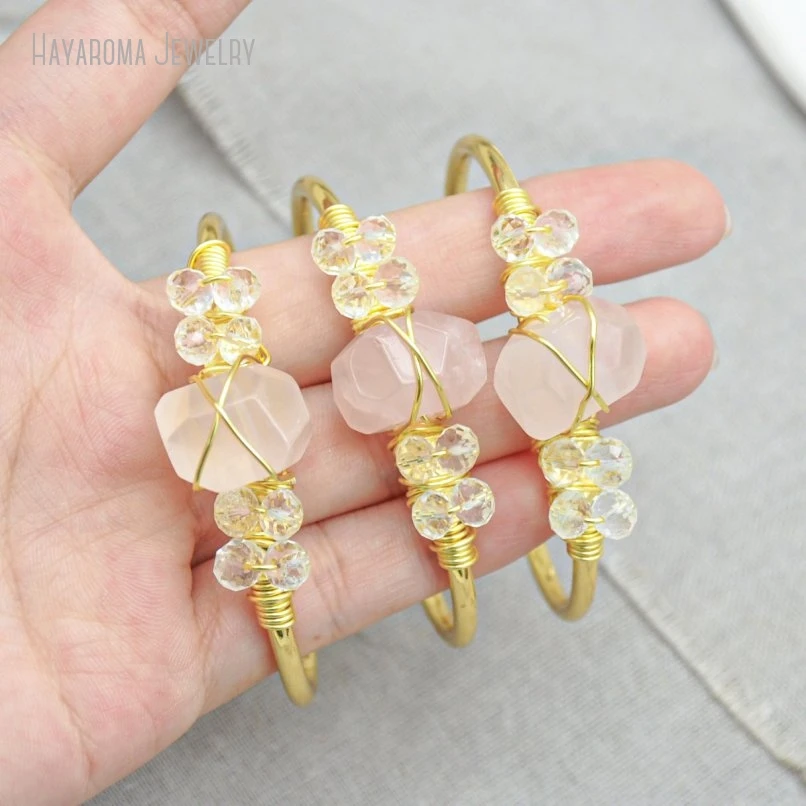 

10Pcs Rose Quartz Cuff Bracelet Women Gold Color Adjustable Gold Color Bangle Jewelry Bridesmaid Gift
