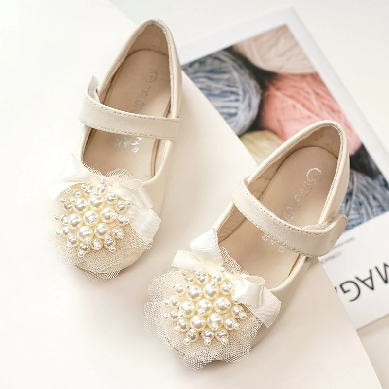 

Spring New Girl Princess Shoes Fashion Pearl Soft Bottom Anti Slip Baby Children's Leather Shoes Flat Girl Flower Shoes
