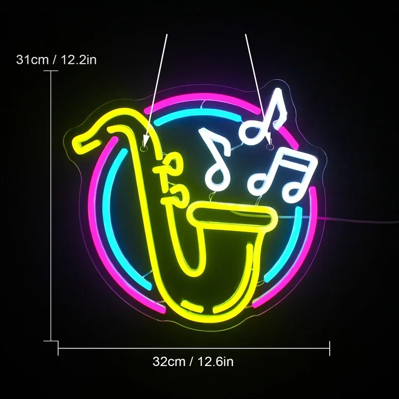 LED Jazz Saxophone Neon Sign Dimmable Lights Live Music Wall Decor Art Signs Room Decoration Studio Bar Club Party Light Up Sign