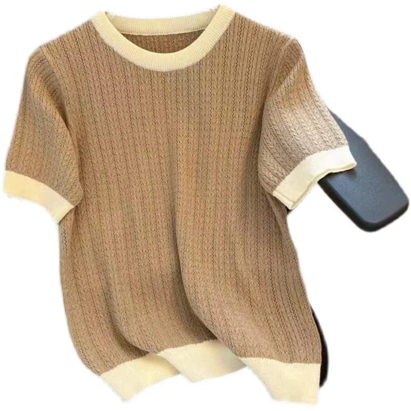 เสื้อยืดถักไหมพรมบางเบา สไตล์ลำลอง ดีไซน์สีตัดกัน ลายฉลุ สำหรับผู้ชายและผู้หญิง ทรงหลวม คอกลม