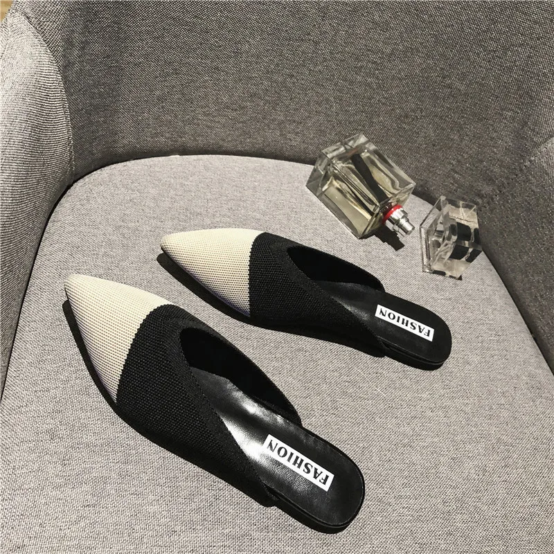 New Slippers Women Fashion Knitting Pointed Women Half Slides Mules Loafers Casual Slipper Female Summer Shoes Flat Sandals