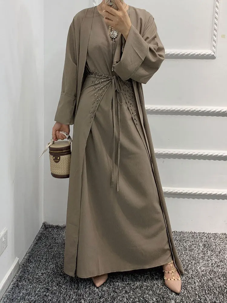 Beaded 3 Piece Abaya Set Muslim Matching Suit Women Open Abayas+Inner Long Dresses+Wrap Skirt Islam Dubai Turkey Modest Outfits