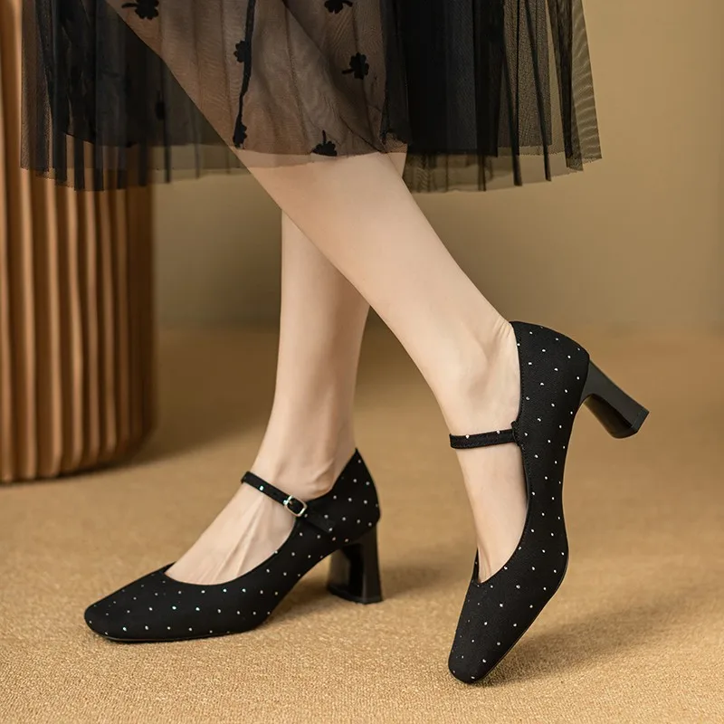 New Women's Bling Pumps High Heels Party Dress Shoes Square Toe Mary Janes Shoes Black Red Glitter Zapatos Mujer Dress Shoes