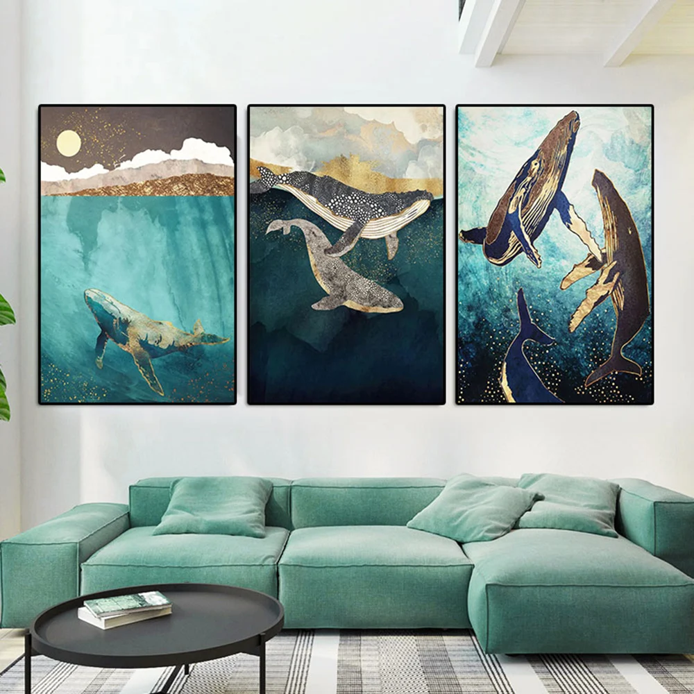 

3 Pieces Gold Mountain Sunset Nordic Abstract Wall Art Canvas Paintings Modern Blue Whale Poster Prints Pictures for Home Decor