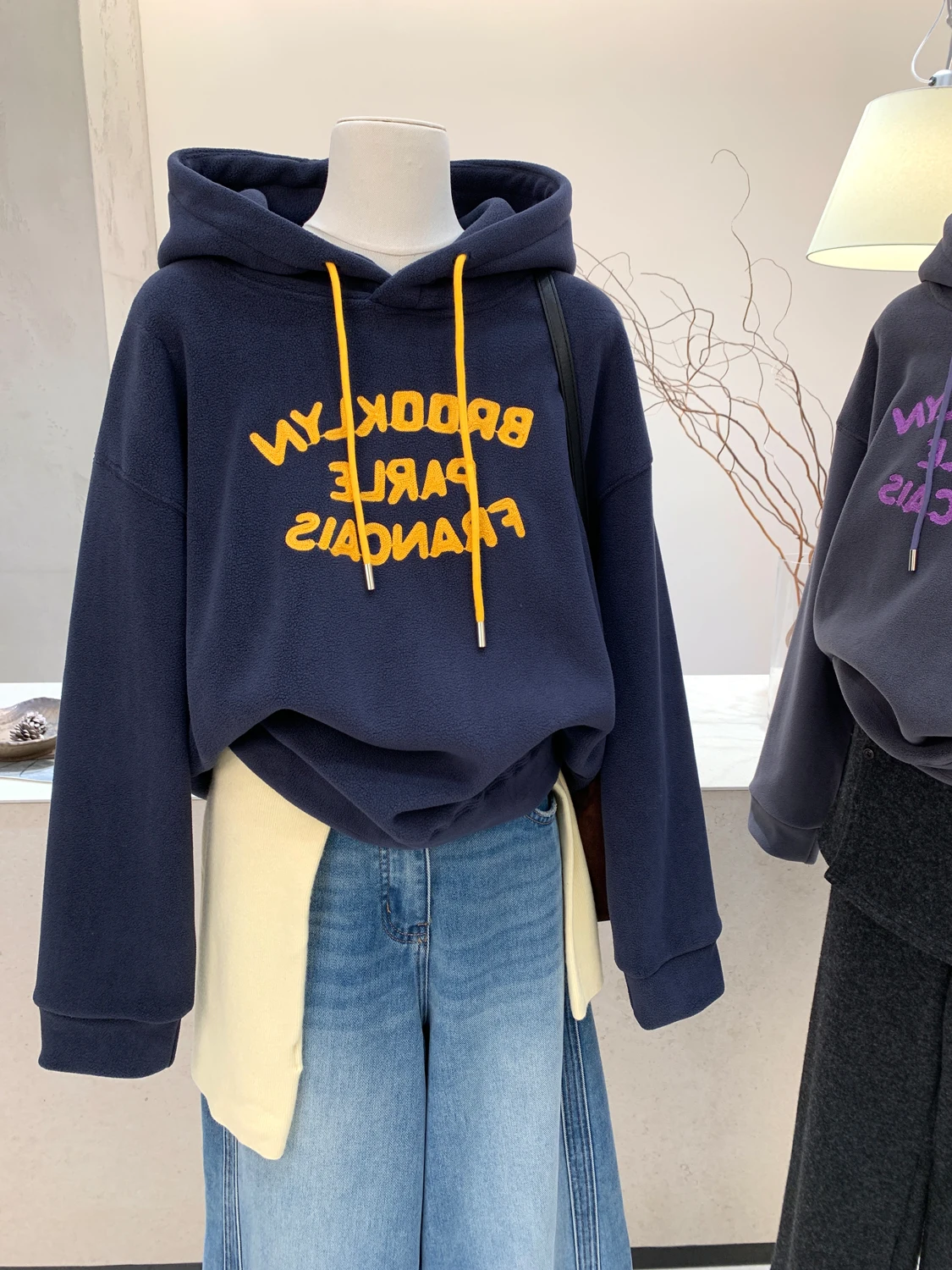 

Trendy Retro Color Blo Letter Print Hooded Dstring Sweatirt Women's Loose Slimming Warm Thiened Spring Autumn Top