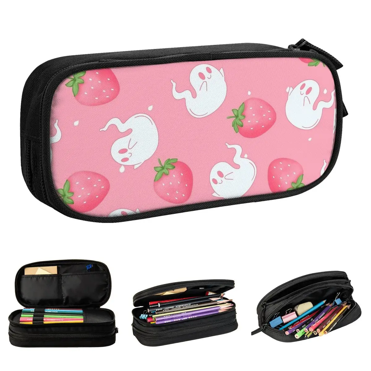 Estuche de lápices con estampado de fantasma de fresa rosa, lindo estuche de lápices de Halloween, caja de bolígrafos para estudiantes, bolsa grande, regalos escolares para estudiantes, papelería