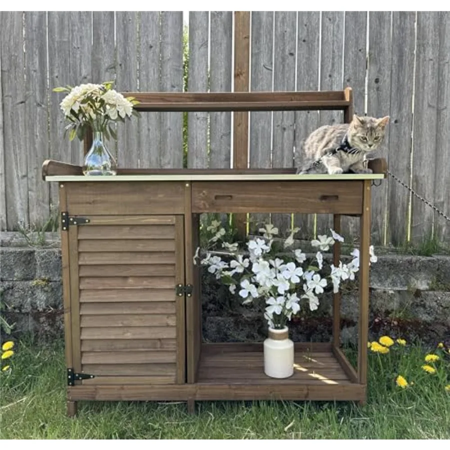 Garden Potting Benche Table Outdoor Wooden Work Station W/Metal Table top, Cabinet, Drawer, Large Bottom Shelf, Open Shelf Natu
