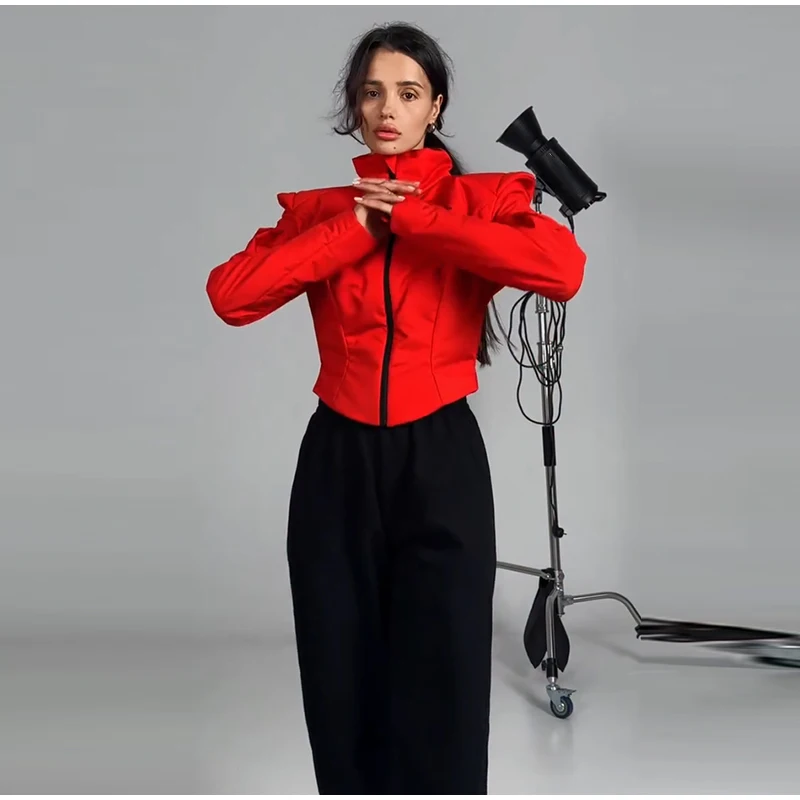 Women's Winter Coat Short Padded Coats Stand Collar Cinched Waist Pad Shoulder Zipper Jacket Street Warm Outerwear For Ladies