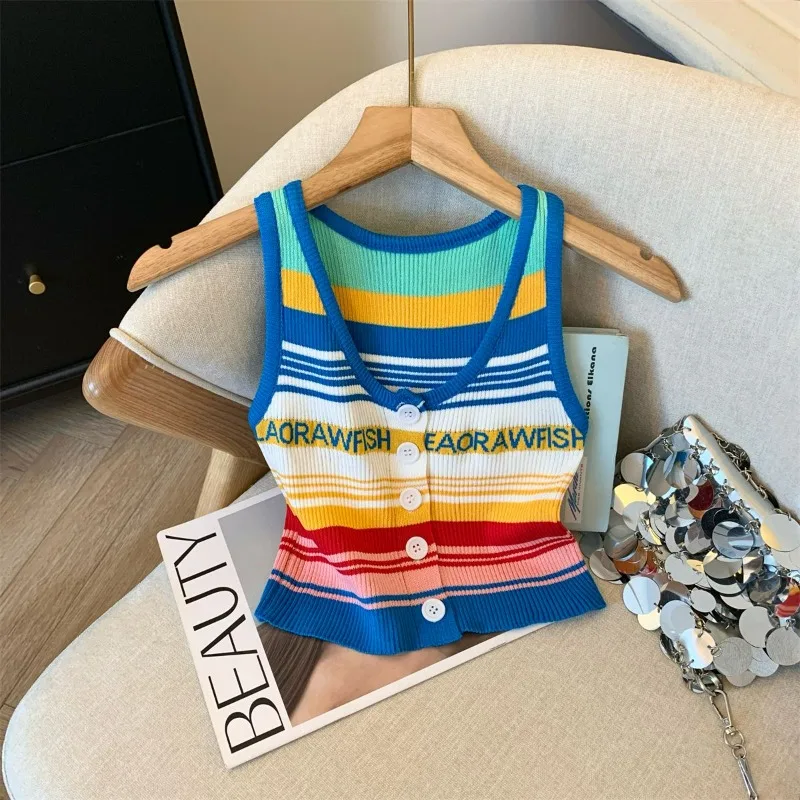 Dopamine Rainbow Stripe Letter Printing Knitted Women's 2024 Summer New Hotsweet Spice Girl Button Sleeveless Tank Top