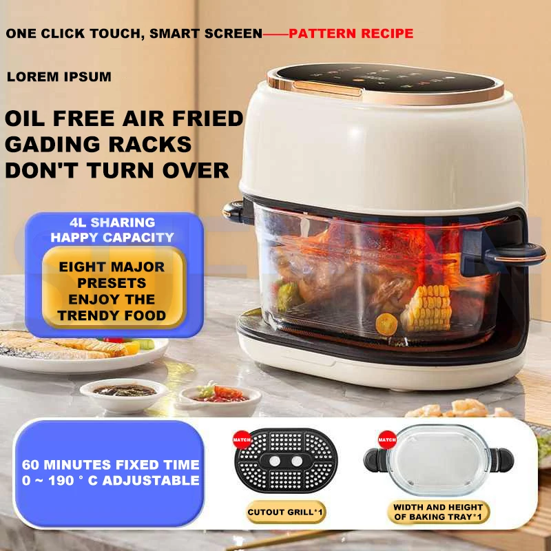 Air Fryer Household 4L Large Capacity Glass Visual Window Multifunctional Intelligent Electric Oven With Multiple Modes To Choos