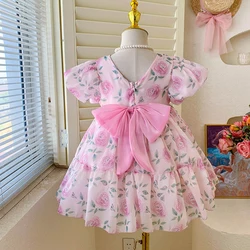 Korea Floral Girls Casual Dresses Rose Flower Printed Princess Dress with Bow Baby Girl Wedding Dress Kids Clothes Vestidos