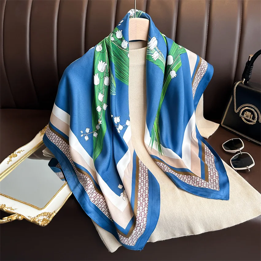 Women 90*90cm Print Silk Scarf Luxury Design Hairband Neckerchief Shawls Bandanna Headband Foulard Ribbon Wraps Vintage Flower