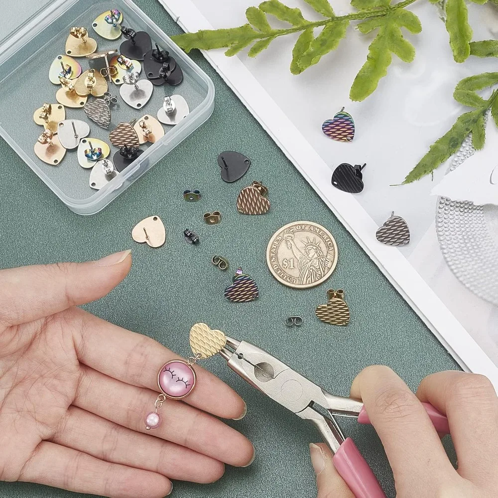 30pcs 5 Colors Heart Shape Stud Earring Stainless Steel Stud Earrings Earrings with Earring Backs for Jewelry Making 12x13x1mm