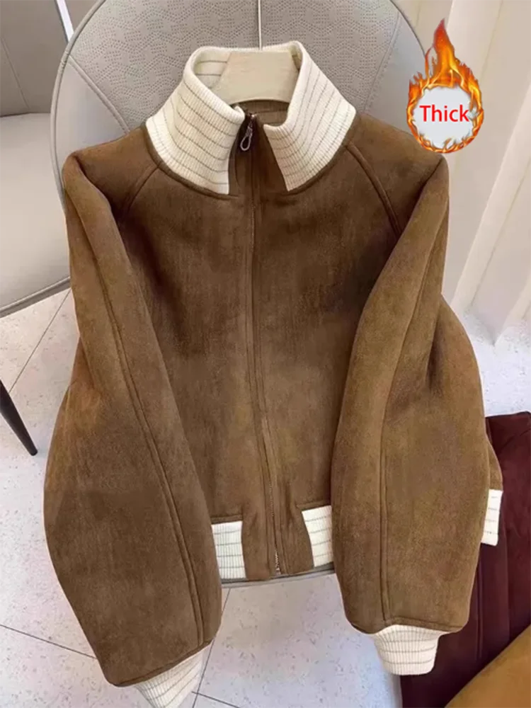 

Women Vintage Striped Jacket Fall Winter Long Sleeve Stand Collar Streetwear Jackets American Retro Thick Casual Zipper Coats