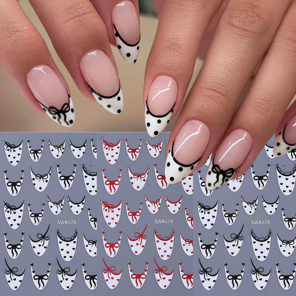 3 Stück Schwarz-Rote Französische Schleifen 3D Nagelkunst-Aufkleber Niedliche Polka Dots Herz Schleifenknoten Nagelsticker Selbstklebende Nagelkunst-Dekorationen für DIY
