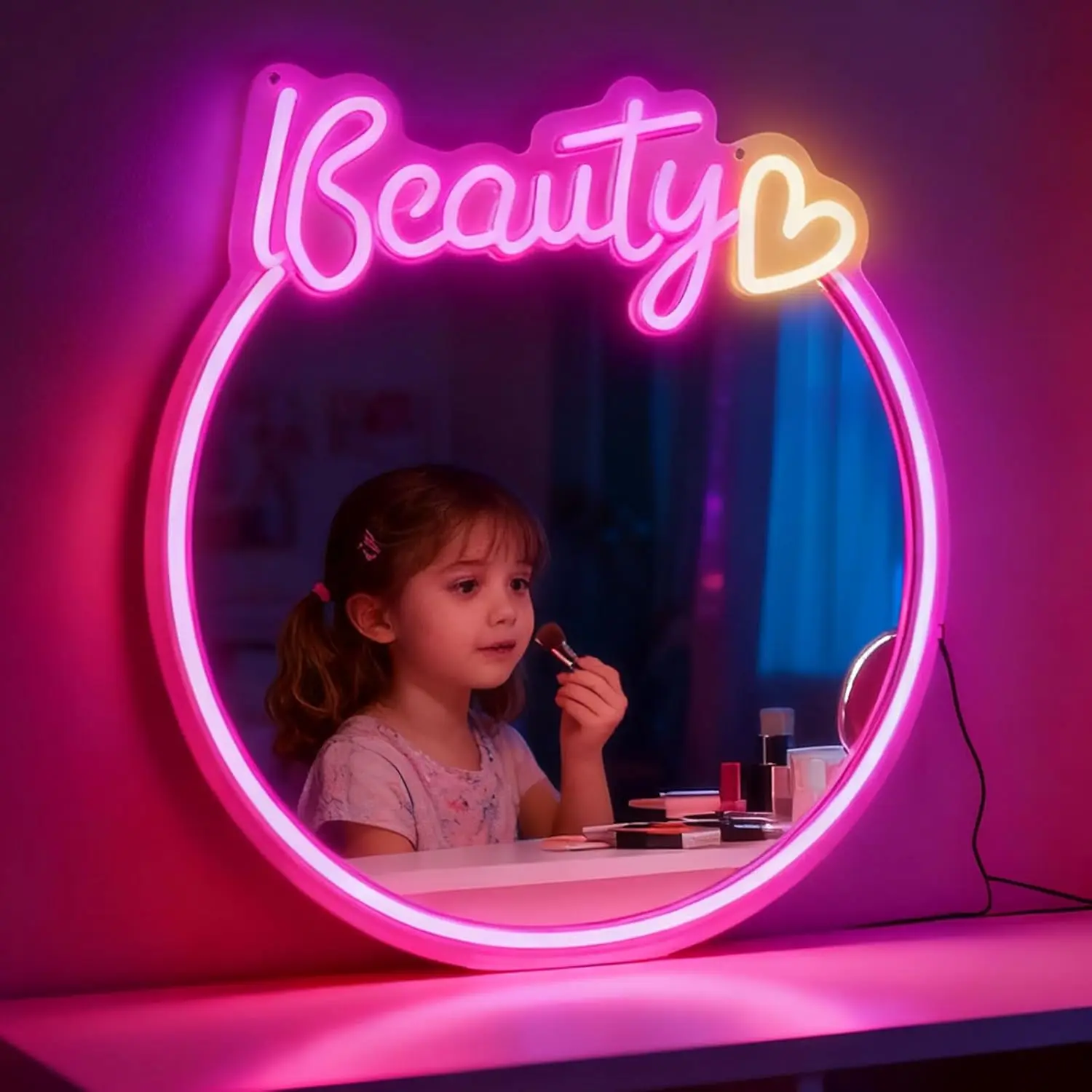 Beauty Mirror Neon Sign for Wall Decor Pink Light Up Mirror Led Sign Girls’ Birthday Party Gifts Led Decorative Night Signs