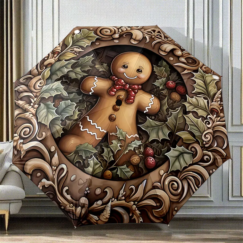 Gingerbread Man with Holly Wreath Christmas Design ,Portable Folding Umbrella, Gift for Family Friends