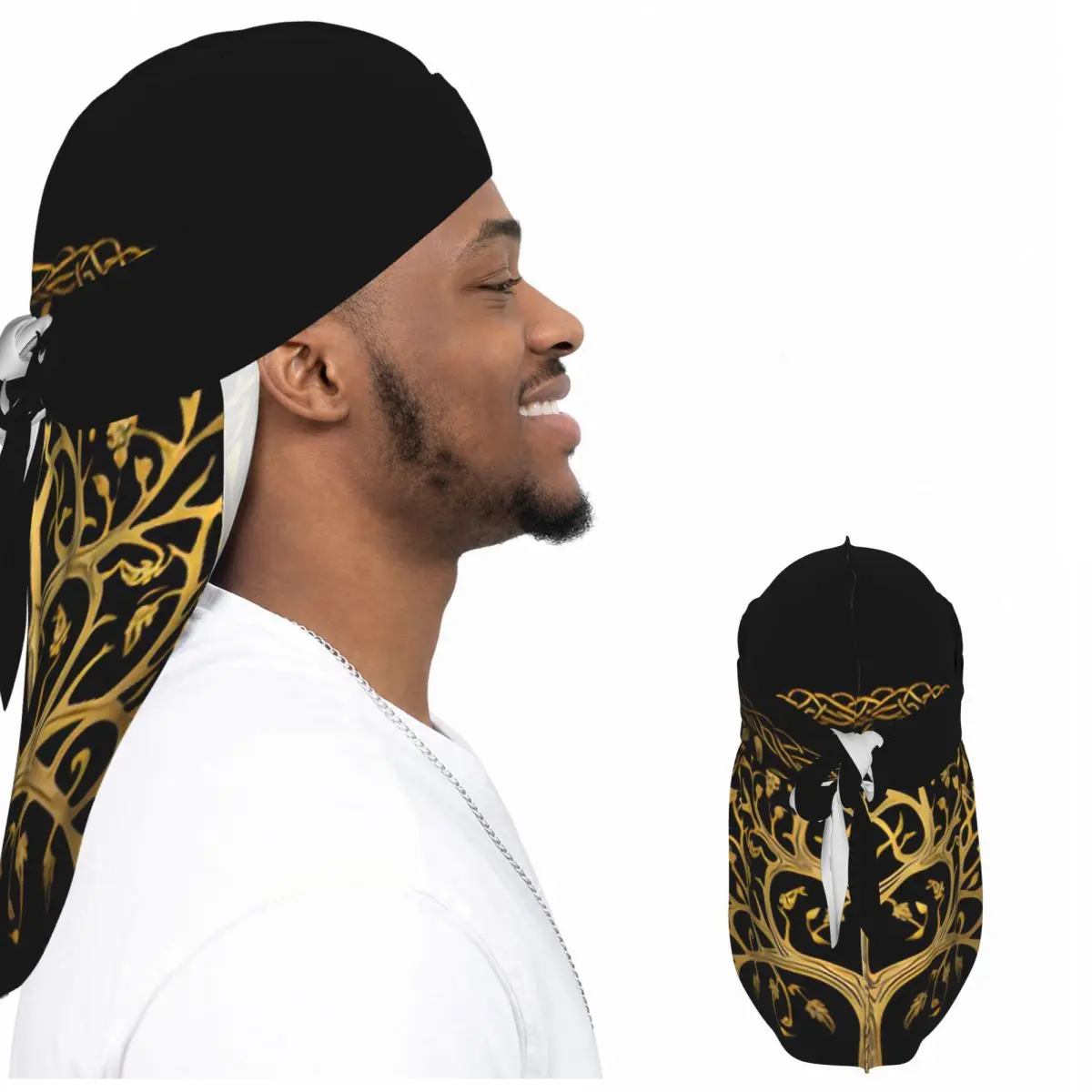 Men Satin Durag Long Tail Doo Rag Yggdrasil Nordic Symbol Hip Hop Headwrap Hair Scarf