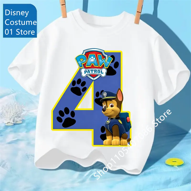 Paw Patrol Birthday Number Tee Shirt Baby Summer Cotton T Shirt Boy Girl Chase Skye Printed Kid Clothes Cartoon Letter Tops Gift