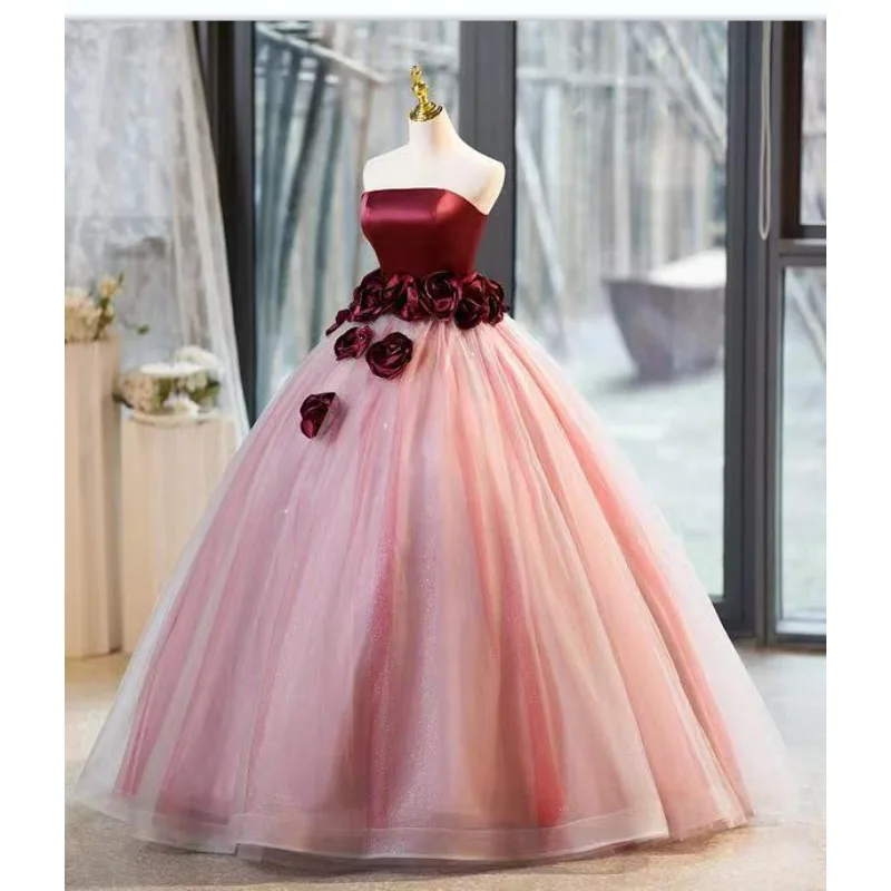 Aangepaste Strapless Applique Trouwjurken Vrouwen A-lijn 3D Bloem Tule Prom Verjaardagsfeestje Jurk Luxe Formele Gelegenheid Jurk