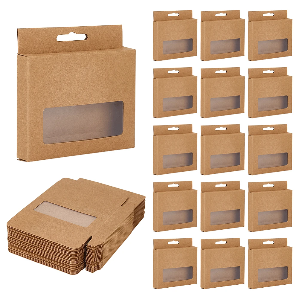 24pcs Paper Packaging Boxes with Window Mini Jewelry Gift Box 3.9x3.15x0.79inch Data Cable Carrying Box with Hanging Hole