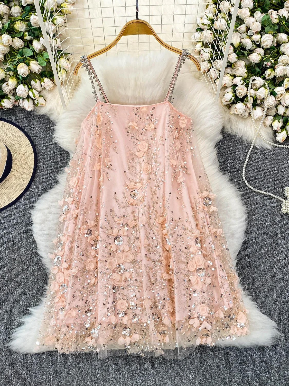 

Princ Sle Glitzy Diamond Embellied Sequin Strap Dr Women's High-End Sensation Ele ort Skirt Korean Version