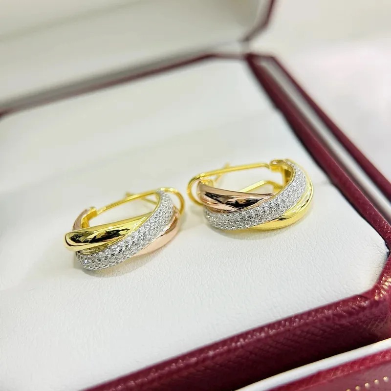 

Luxury Designer 925 Silver Tri-rings Cross Circle Ear Buckle Hoops For Women Rose Gold Full Zircons C Shape Men Earring Jewelry