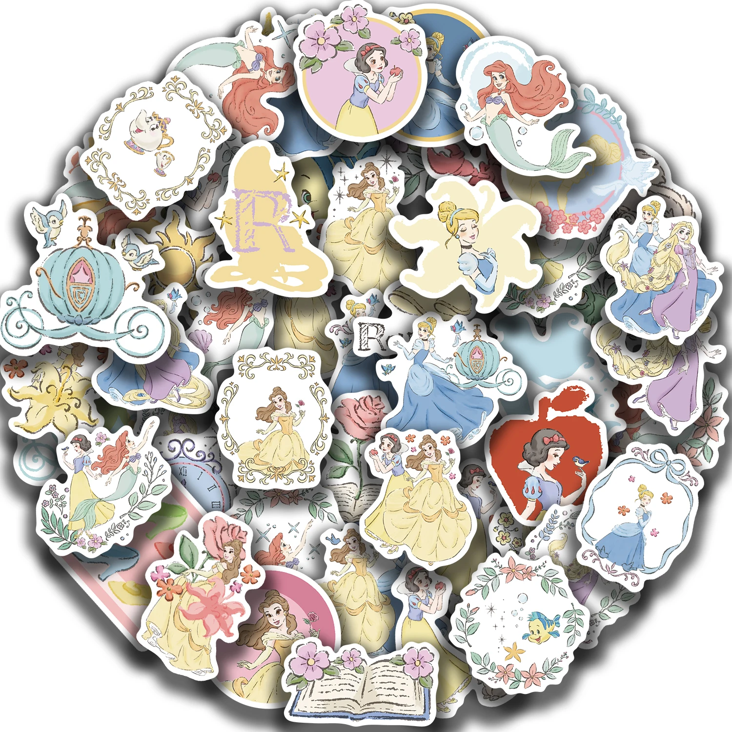 50 قطعة ملصقات أميرات ديزني لطيف سندريلا رابونزيل حسناء الشارات الهاتف الأمتعة الغيتار المائية الكرتون أنيمي ملصق #1