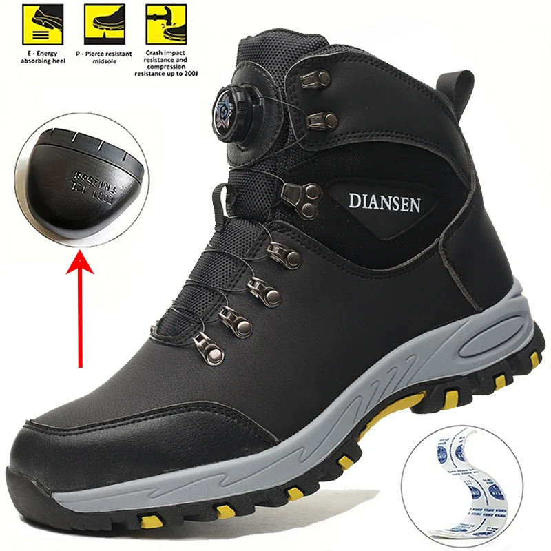 

Рабочие ботинки со стальным носком, водонепроницаемая защитная обувь с высоким берцем и поворотной кнопкой, уличная нескользящая резиновая подошва для строительства, размеры 36–46